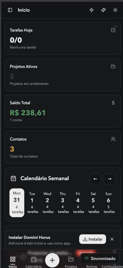 Domini Horus app showing tasks, projects, finances and weekly calendar