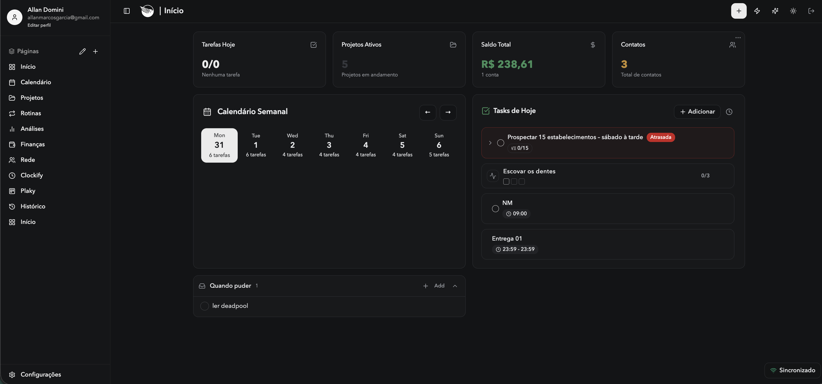 Real Horus desktop dashboard with tasks, weekly calendar, projects, finances, contacts and routines