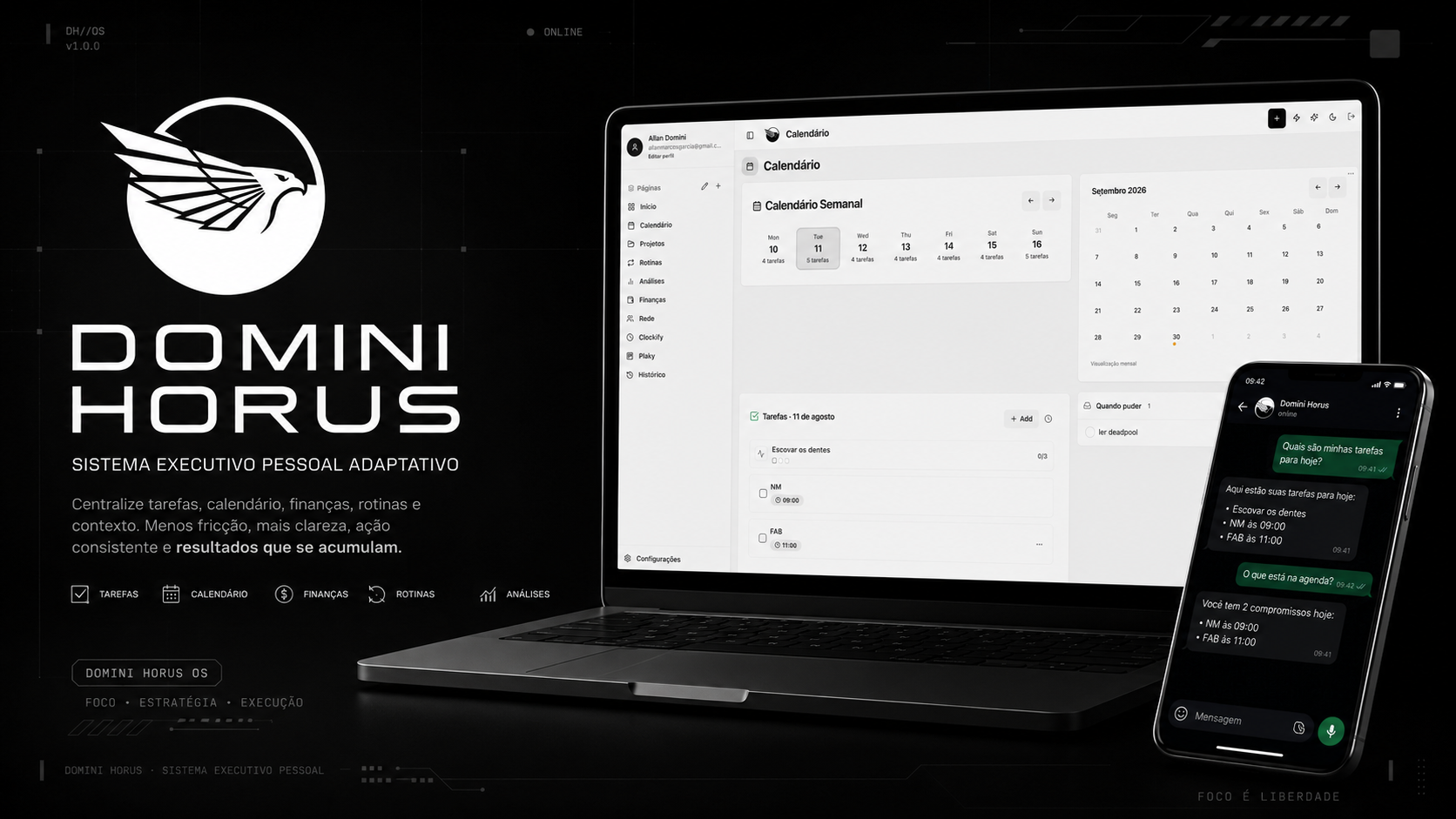 Domini Horus personal executive system on desktop and WhatsApp