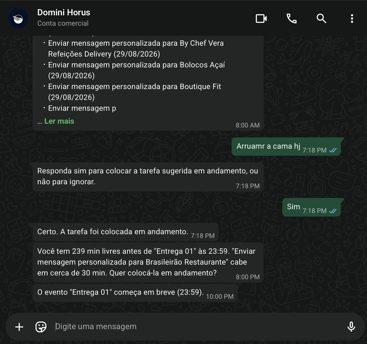 Domini Horus WhatsApp bot suggesting and updating tasks with contextual messages