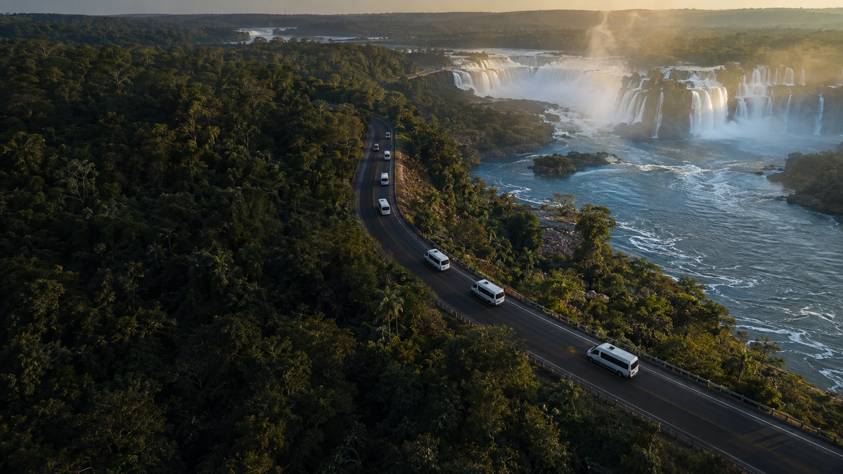 Tourism vans following a road through the Atlantic rainforest toward Iguaçu Falls