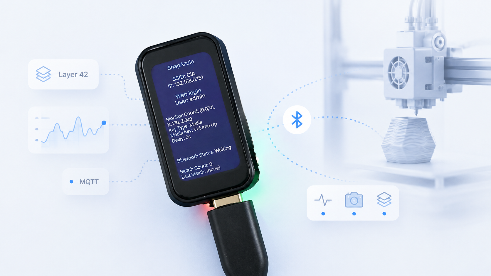 SnapAzule device connected by Bluetooth and MQTT to a 3D printer