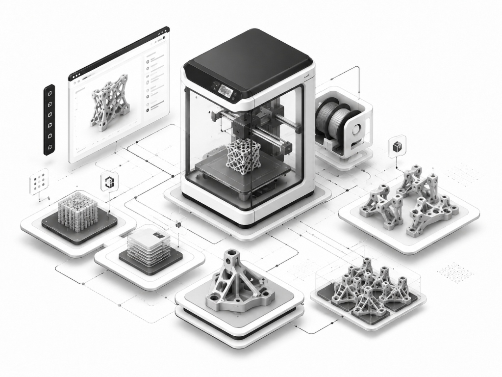 Additive Manufacturing 3D printing setup with functional parts and generative structures