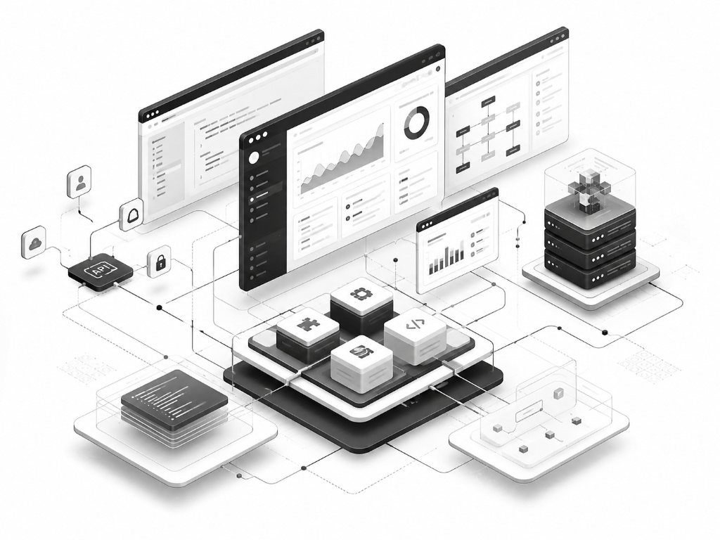 Software and Platforms architecture with APIs, web applications and data flows